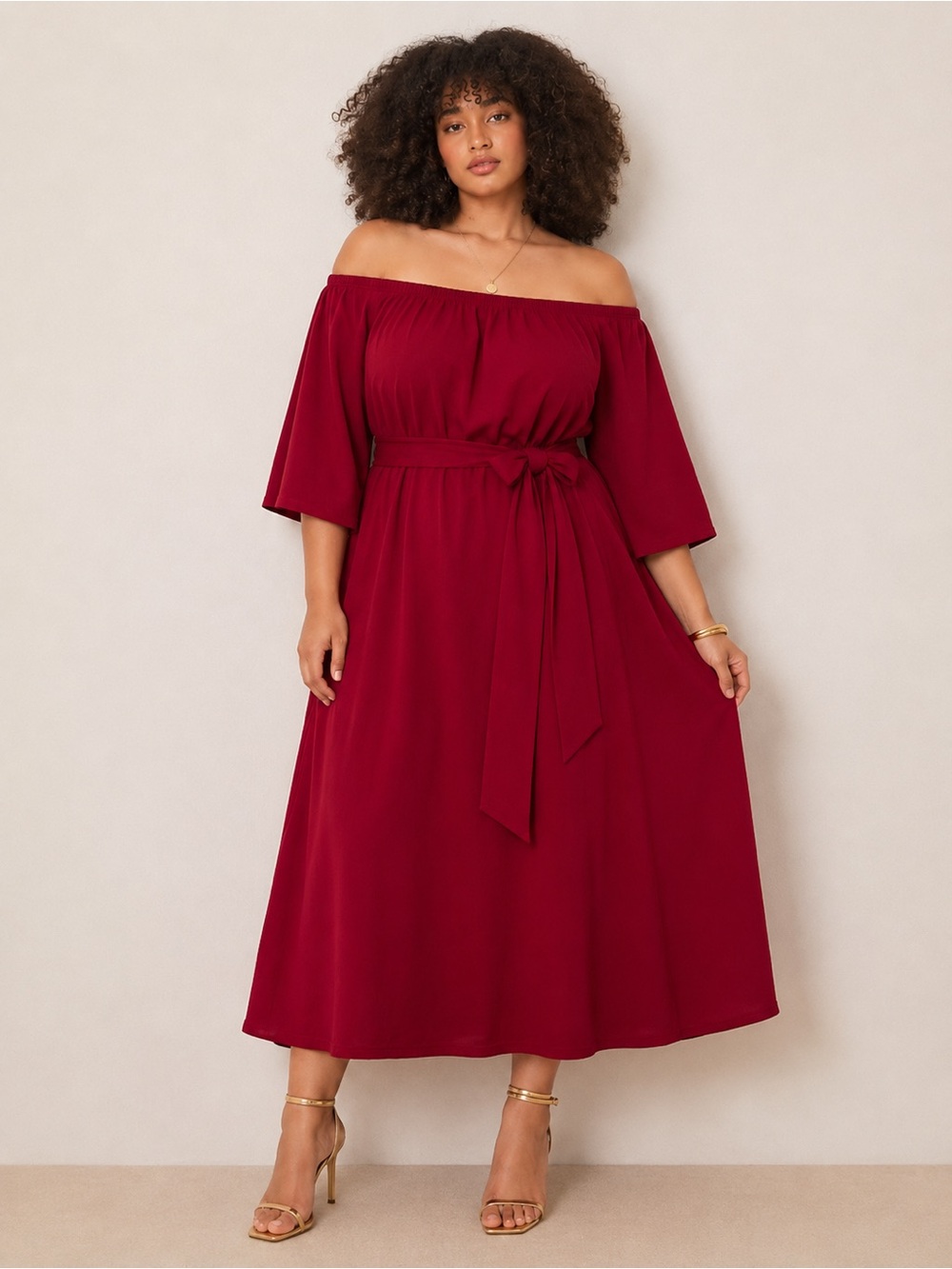 Ashley Stewart Women’s Plus Size Off Shoulder Belted Midi Dress Red 22/24
